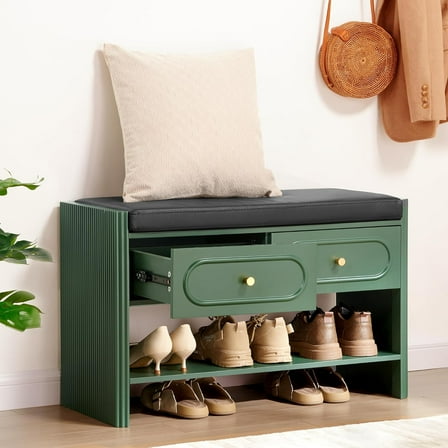 Farmhouse Wooden Shoe Storage Bench With Seat Cushion - Green Entryway Organizer