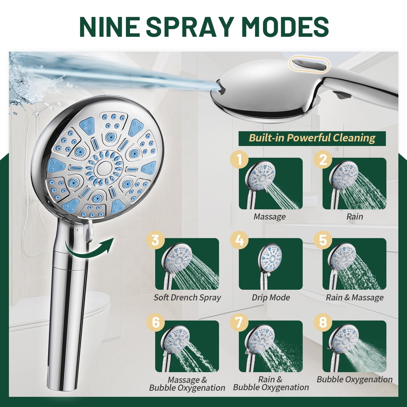 Cobbe 10-Inch Dual Shower Heads with Handheld Spray Combo, 3-Way Rain Shower Head, 9-Spray Patterns Handheld Shower, Chrome