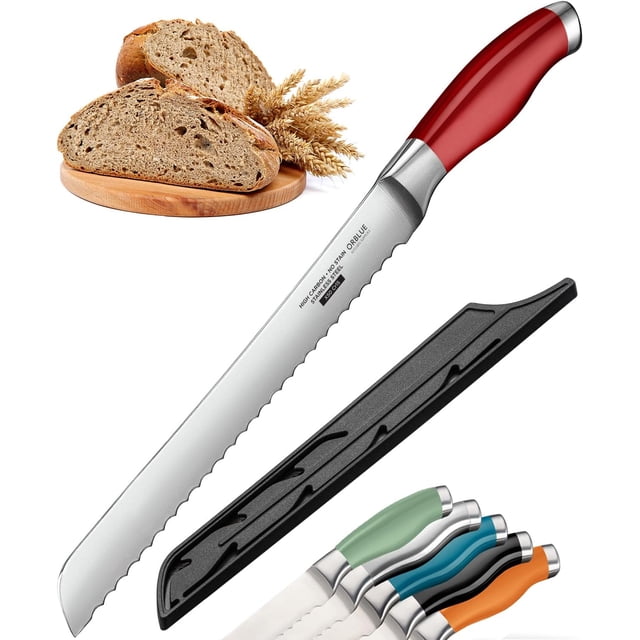Orblue Serrated Bread Knife with 10-inch Upgraded Stainless Steel Razor Sharp Wavy Edge Width - Bread Cutter Ideal for Slicing Homemade Bagels and Cake, Red
