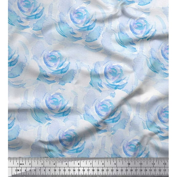 Soimoi Blue Cotton Duck Fabric Rose Floral Printed Craft Fabric by the Yard 44 Inch Wide