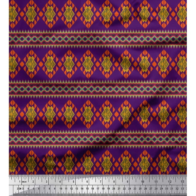 Soimoi Purple Velvet Fabric Aztec Geometric Print Sewing Fabric Yard 58 Inch Wide