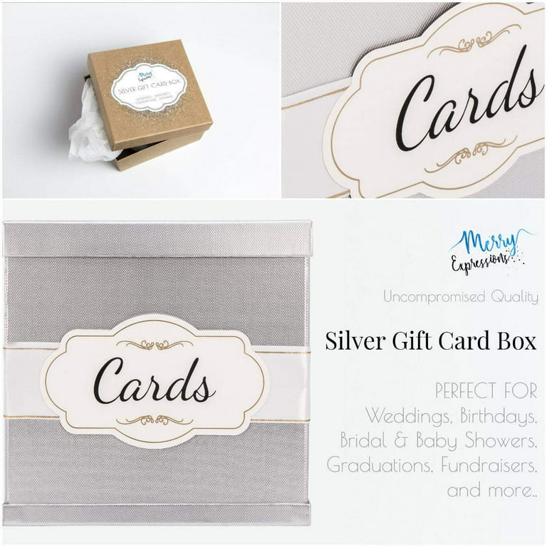 Merry Expressions Gold Gift Card Box with White/Gold-Foil Satin Ribbon & Cards Label - 10x10 Large Textured Finish, Perfect for Wedding Receptions