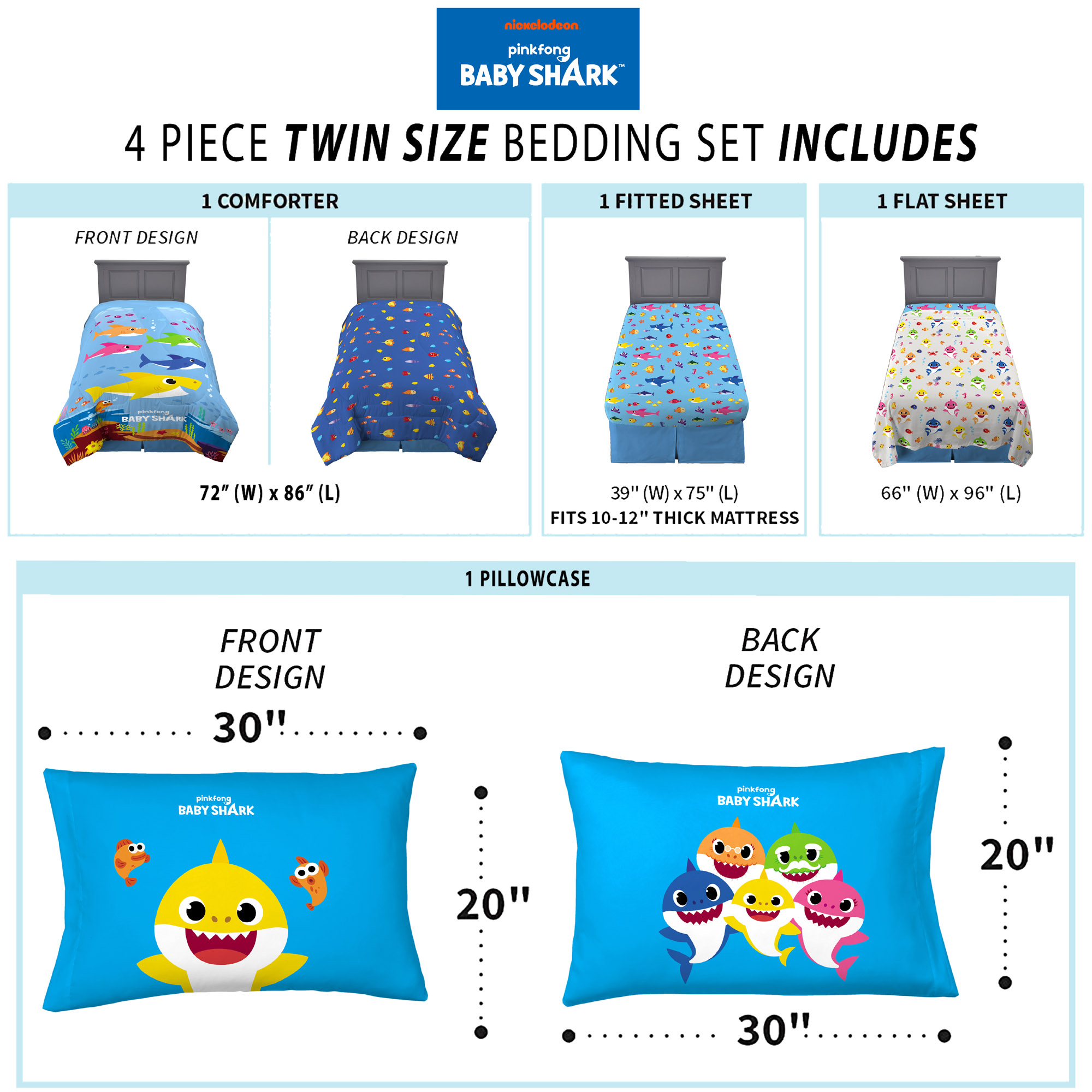 Baby Shark Kids Twin Bed in a Bag, Comforter and Sheets, Blue, Nickelodeon