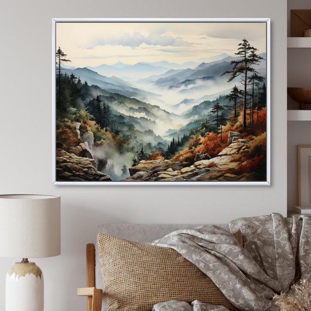 Designart Mountains framed wall art decor, Landscape Mountains framed wall art, Mystic Range Green and White Mountains , Extra large Traditional White Framed Wall Art, White Color Frame