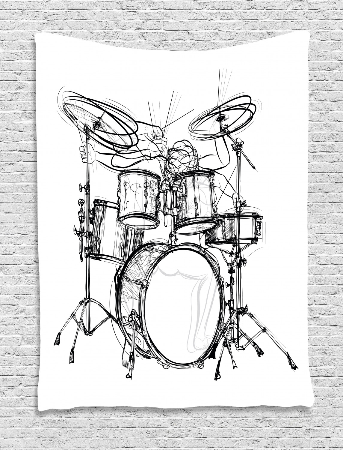 Rock Music Tapestry, Doodle Drawing Sketch Style Drummer Musical