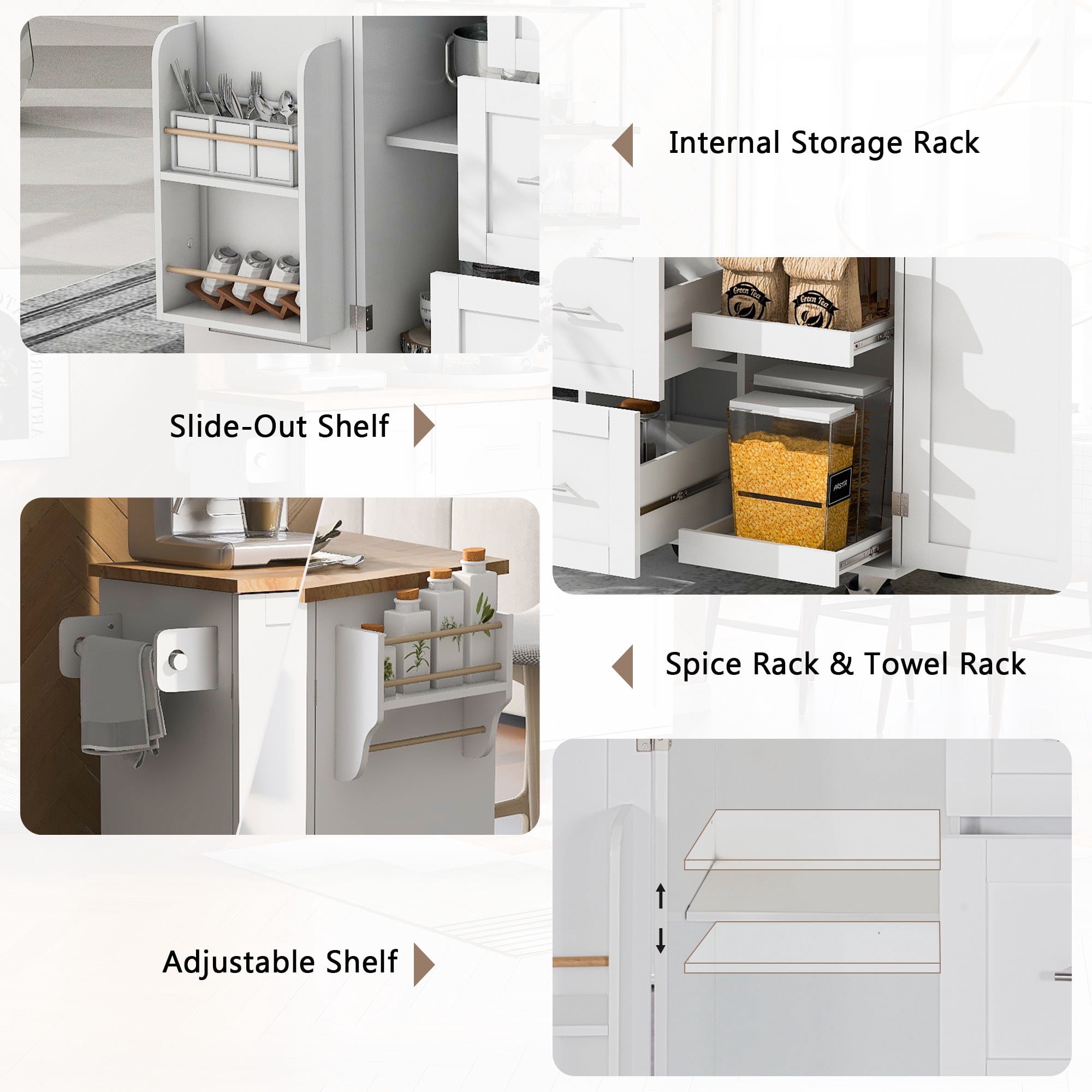 DEALTOPS 43” L Rolling Kitchen Island with Top, 3 Drawer, 2 Shelf and Internal Storage Rack-White