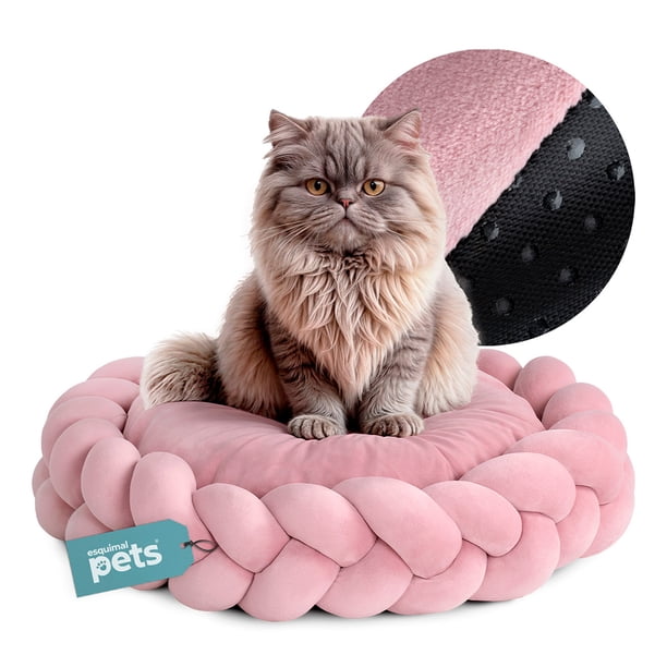Cama Redonda Antiestrés con Cojín Trenzado para Perro Chico y Gato Esquimal (Rosa, 55x15 cm)