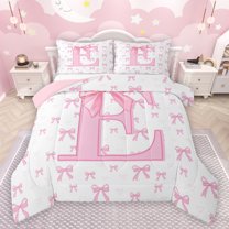 jejeloiu Chic Bowtie Ribbon Full Size Comforter Sets,Pink Bow Knot Bedding Comforter Set,First Letter E Bedding Sets For Girls,Super Cozy Room Decor Reversible,3 Pieces