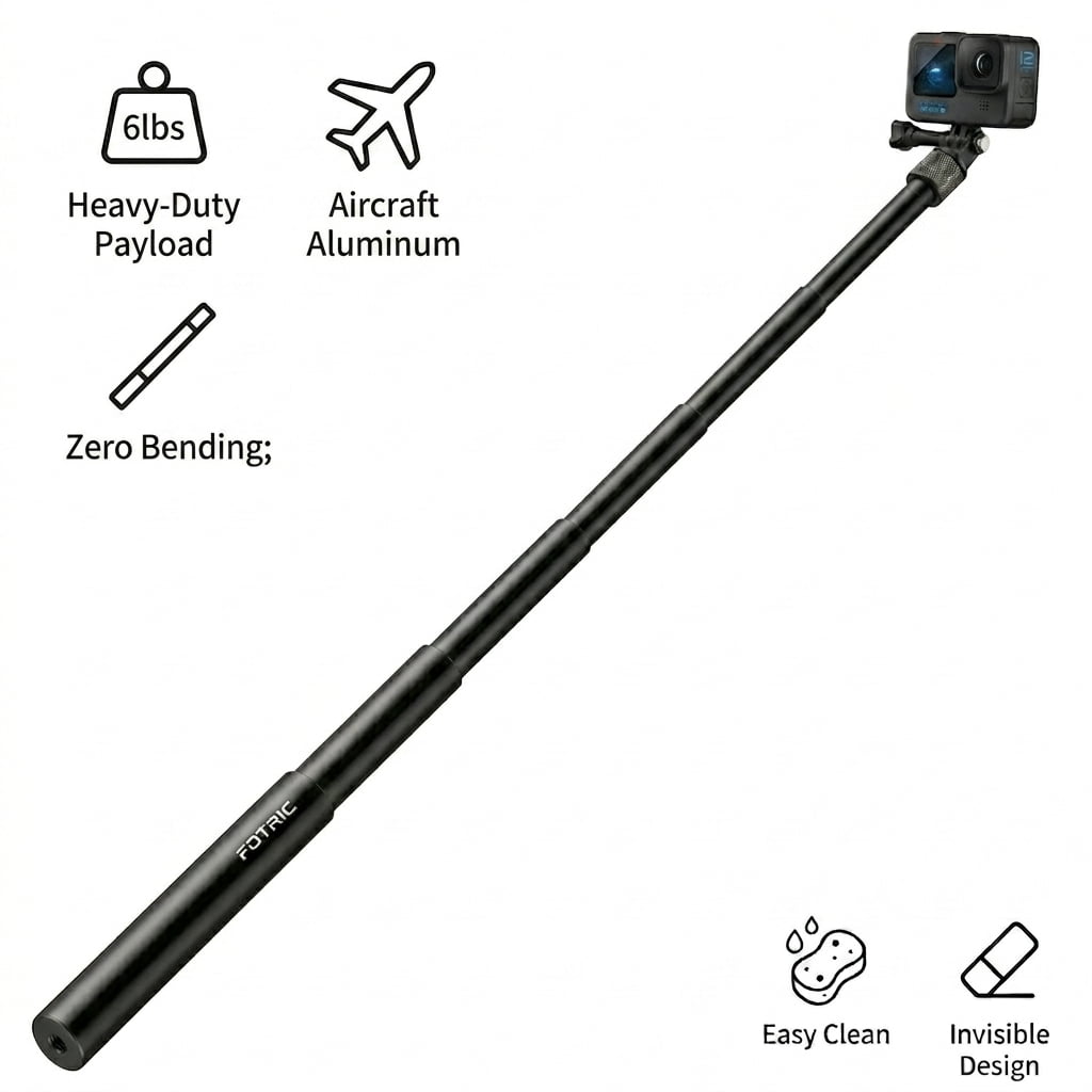 FOTRIC Aluminum Selfie Stick for Dji Osmo, GoPro Hero & Insta360, Dual Universal 1/4" Thread Mounts, 6-lb Payload Panoramic & Action Camera Accessory for Vlog, Video, Travel & Sports