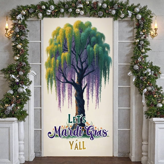 Colorful Tree Mardi Gras Banner Purple Vines Tree Backdrop Artistic Design Vibrant Colors Festive Backdrop for Mardi Gras Party Festival Celebration Indoor Decoration