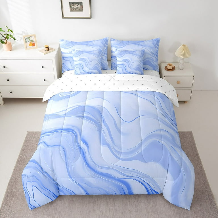 Erosebridal Blue White Grey Ombre Bedding Set Full Size 7-Piece - Oil Painting Comforter Set With Sheets & Pillowcases