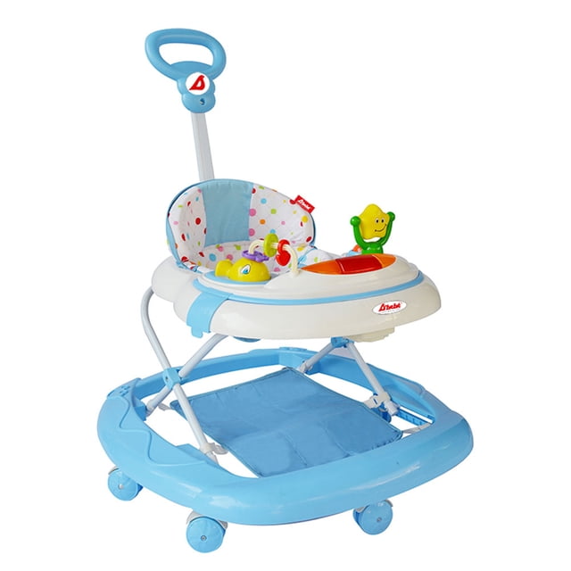 andadera star azul d´bebé 80-2 Andadera Star azul de alturas ajustables con bastón trasero para dirigir, asiento acolchado con estampado de lunares, juguetero musical interactivo desmontable en bandeja, estructura plegable con ruedas y tapete antideslizante; también suele usarse como estación de juego portátil para ejercicios cortos de motricidad.