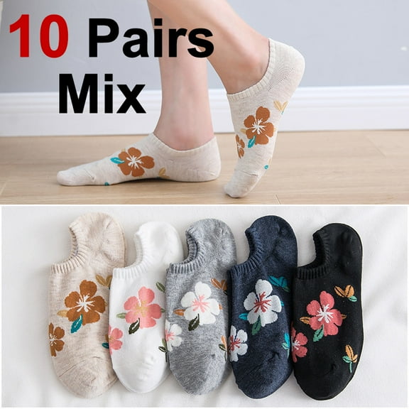 5/10 Pairs Women Flower Pattern Invisible Socks Spring Summer Sweat Absorbing Breathable Soft Comfortable Knitted Casual Socks ﻿
