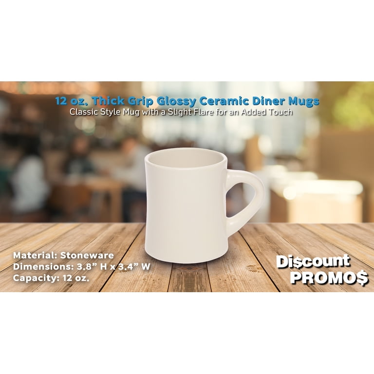 10 Thick Grip Glossy Ceramic Diner Mugs Set, 12 oz. - Stoneware, Smooth,  Easy Grip - Ivory
