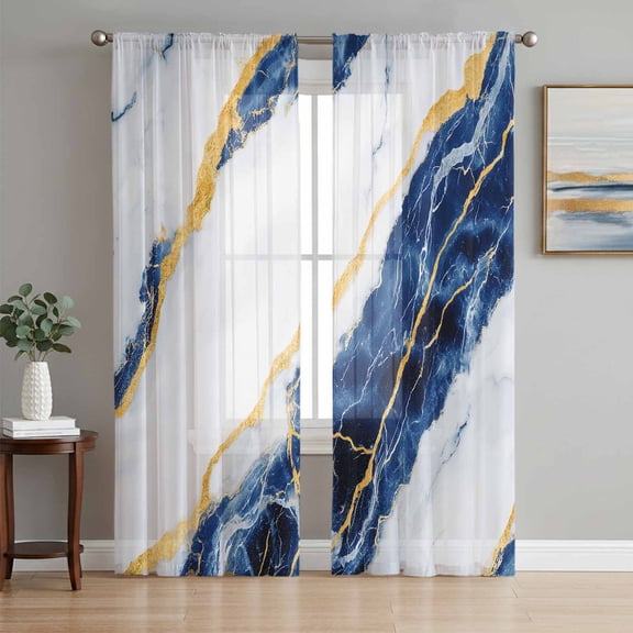 Marble Blue Sheer Curtains 96 Inch Length 2 Panels Set, Gold Foil Ceramic Style Cracks Scratches Voile Window Treatment Semi Sheer Long Curtains Drapes for Bedroom/Living Room/Kitchen 52"x96"x2