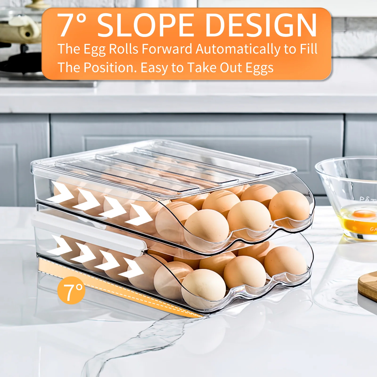 Egg Storage Organizer 2-Pack (4 Containers Total), Clear Stackable Auto-Rolling Egg Holder, 2-Layer Design Holds 18 Eggs Per Layer