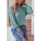 thumbnail image 3 of Jersey de mujer con manga abullonada y cuello redondo, decoración de botones, Color sólido, corte holgado, Top para otoño, verde lago XL, 3 of 8