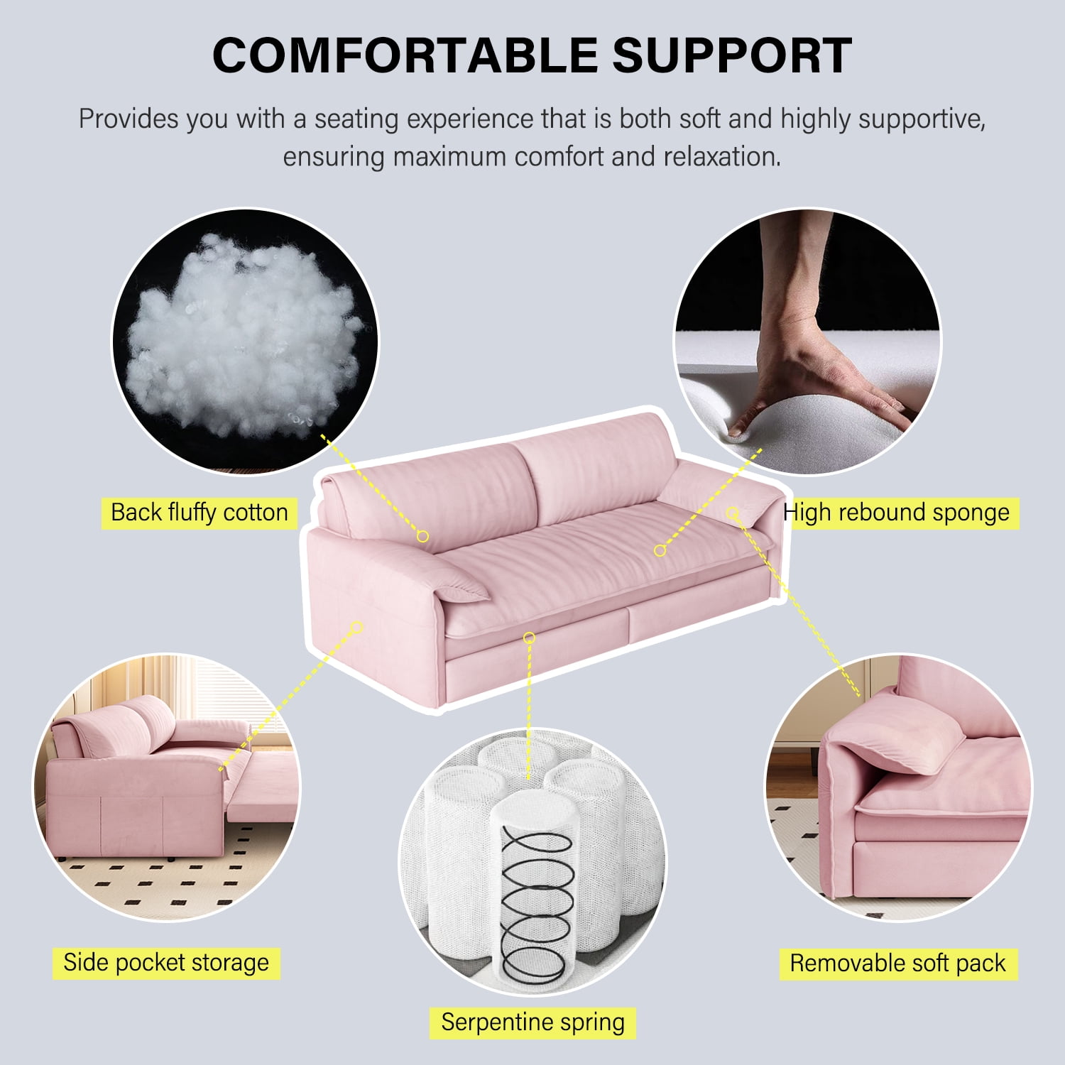 Aukfa Queen Sleeper Sofa Bed, Convertible Loveseat Pull Out Sofa Couch with Pillow Arm/Side Pockets, Pink