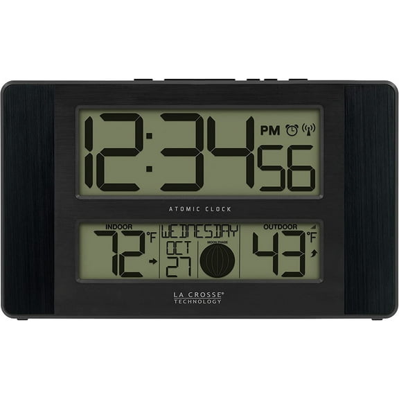 La Crosse Technology Atomic Digital Clock with Temperature and Moon Phase, Black, 513-1417BS