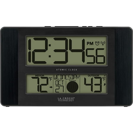 La Crosse Technology Atomic Digital Clock with Temperature and Moon Phase, Black, 513-1417BS