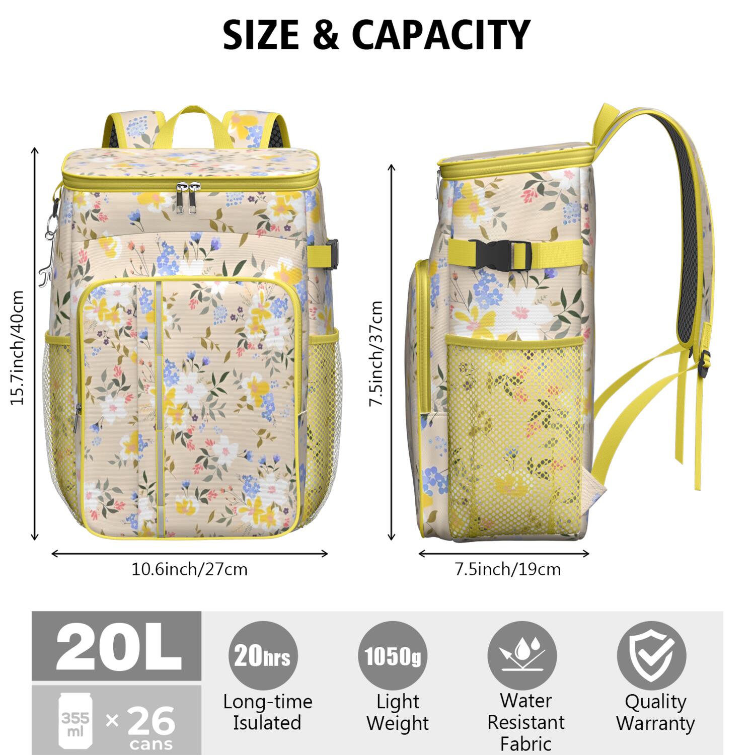 Travel Cooler Bag - Pioneer Flower Floral Print Pattern Camping Beer Cooler Backpack with Bottle Opener- Waterproof Insulated Picnic Backpacks - Cooler Bag for Beach