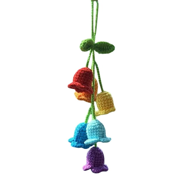 Crochet Flower Car Ornament Rearview Pendant for Ladies and Girls Cute Decorative Accessory for Vehicle Interior