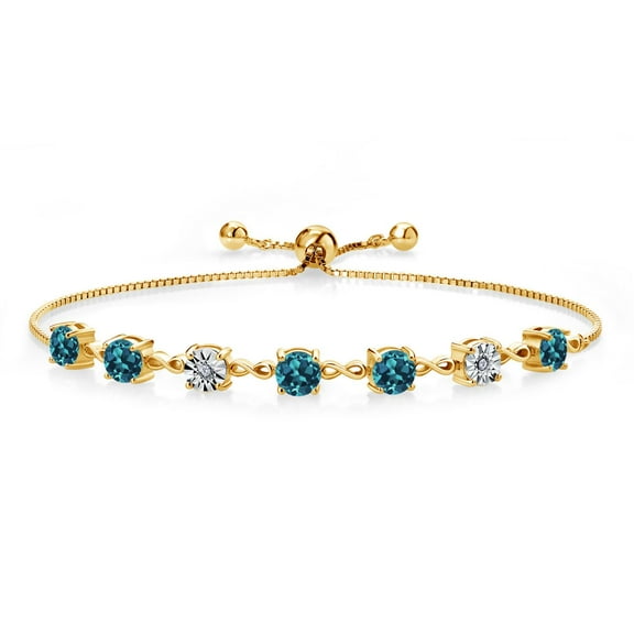 Gem Stone King 3.51 Ct Round London Blue Topaz 18K Yellow Gold Plated Silver Lab Grown Diamond Tennis Bracelet for Women (Fully Adjustable up to 9 inch)