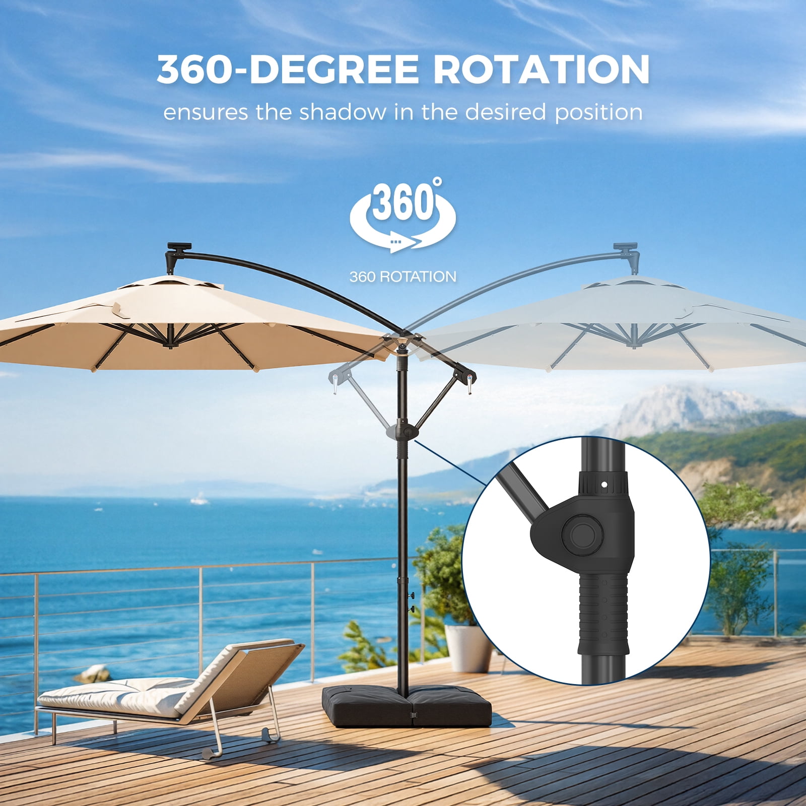 TASKBAY 10ft Cantilever Hanging Outdoor Umbrella (Includes Base), 360-Degree Rotation with 32 Solar LED Lights Patio Umbrella for Backyard, Deck, Poolside and Garden, Beige