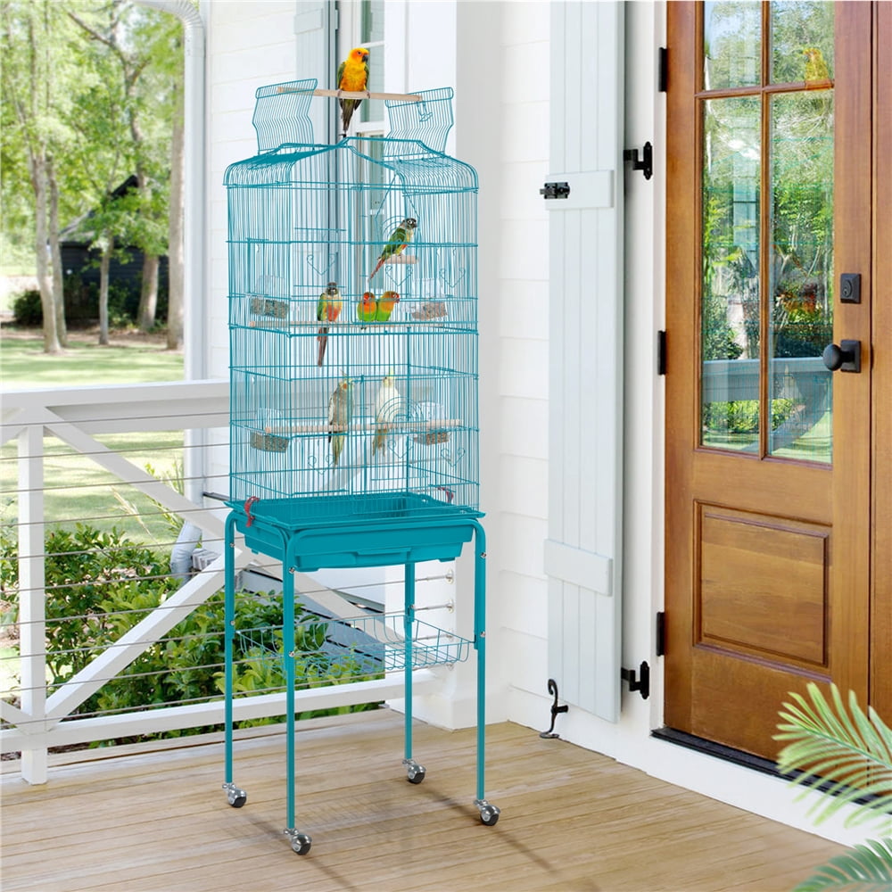 Alden Design 64''H Parrot Cage Open Top Metal Bird Cage Large Rolling, Teal Blue