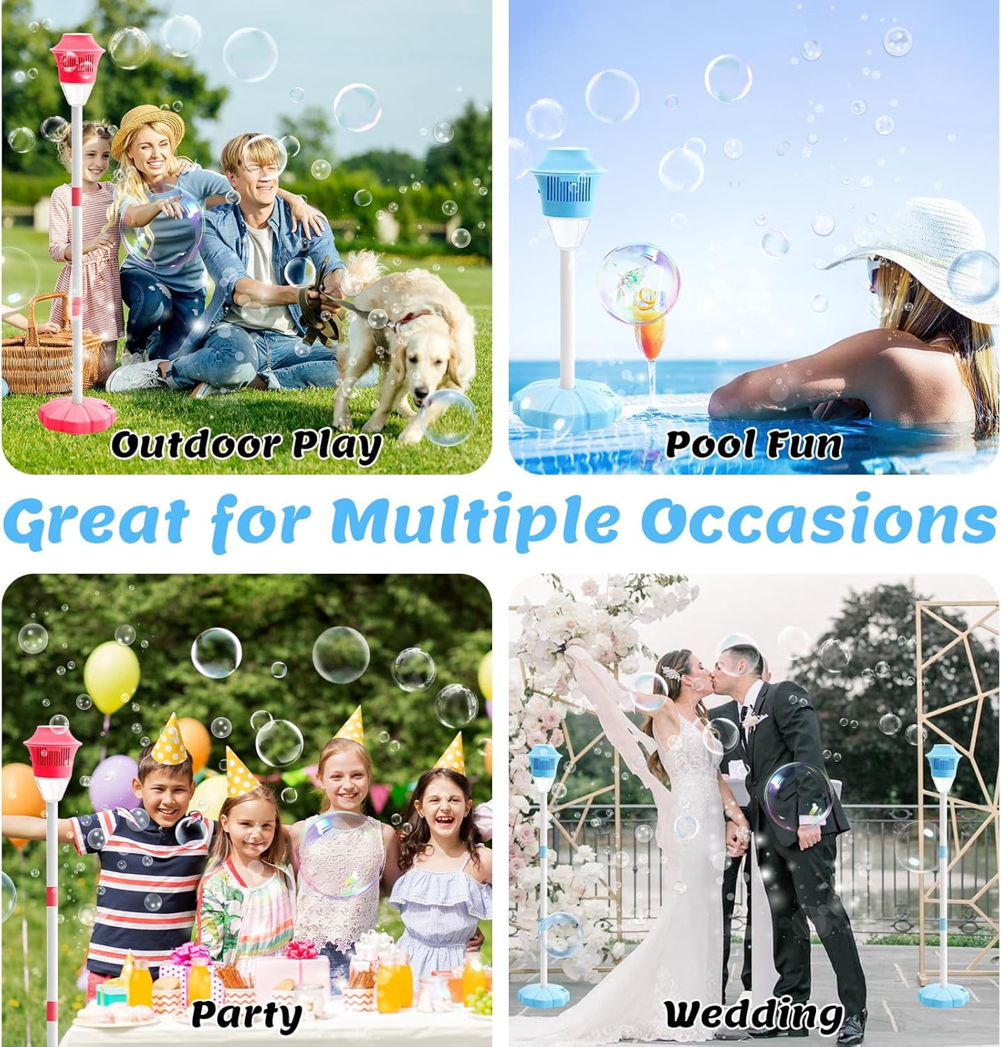 2026 New Bubble Machine for Kids, 47" Rechargeable Automatic Bubble Maker with Light Music, 3-Level Adjustable Heights, Detachable Bubble Wand for Party Wedding, Includes Bubble Solution(Blue*)