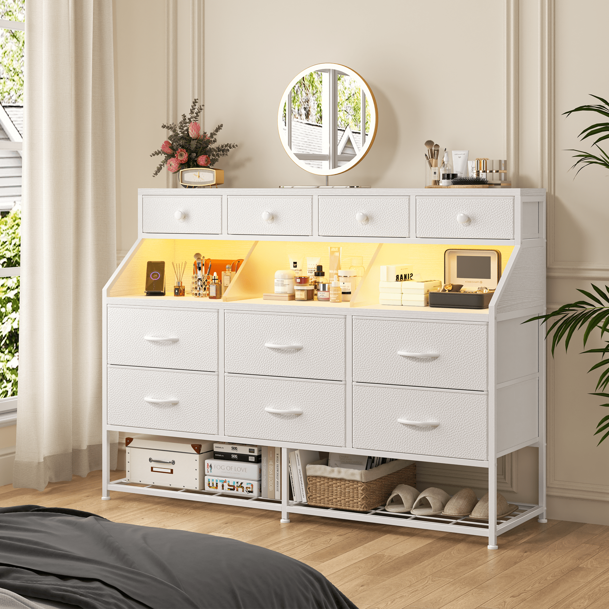 EnHomee White Dresser with Shoe Rack 10 Fabric Drawers Dressers for Bedroom Dressers & Chests of Drawers with Power Outlets and LED Lights