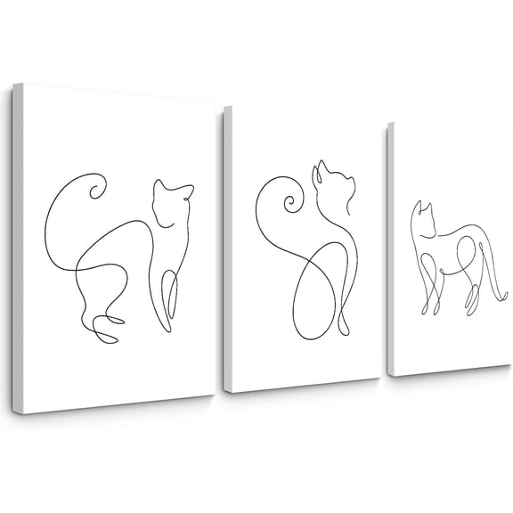 Black and White Cat Canvas Wall Art Cat Line Art Prints Minimalist Silhouettes Pictures fancy Artwork for Walls Abstract Line Painting for Bathroom Laundry Bedroom Decor 12x16 Inch Unframed set of 3