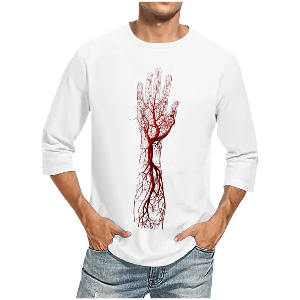 Camisas de Manga Larga para Hombres Imprimir Casual Cuello Redondo Blusa de Manga Corta, Camisas de Lino para Hombres