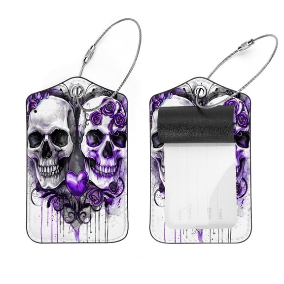 PhooArto 2 Pcs Luggage Tags, Love Heart Skull Purple Rose Privacy Cover ID Label with Stainless Steel Loop and Address Card for Travel Bag Suitcase