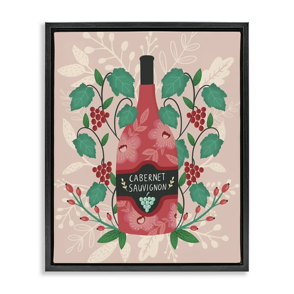 Stupell Industries Classic Floral Wine Bottle Food & Beverage Painting Black Floater Framed Canvas Art Print Wall Art, 17 x 21