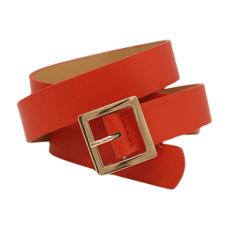 Women Orange Faux Leather Skinny Classic Belt Gold Metal  display picture 1