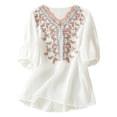 thumbnail image 2 of Vintage Boho T Shirts for Women 2026 Summer Casual Cotton Linen Elbow Sleeve V Neck Floral Embroidery Graphic Tees, 2 of 5