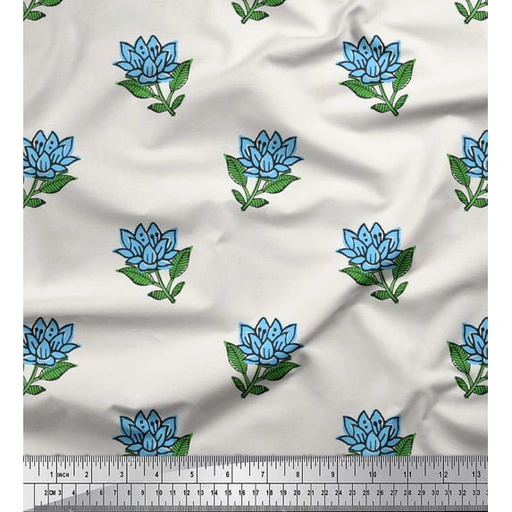 Soimoi Georgette Viscose Fabric Leaves & Lotus Block Print Sewing Fabric Yard 42 Inch Wide