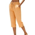 thumbnail image 2 of Womens Petite Capri Pants Cotton Plaid Loose Fit Straight Leg Drawstring Elastic Waist Cropped Pant Casual Summer Linen Pull On Clothes Orange 3XL, 2 of 5