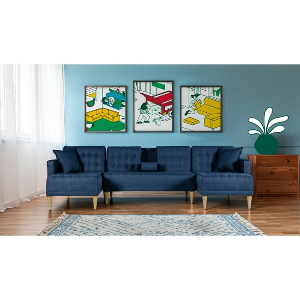 Sala Modular Doble Chaise Makora Marietta con Memory Foam Color Azul Lino Respaldo Reclinable de 3 Posiciones