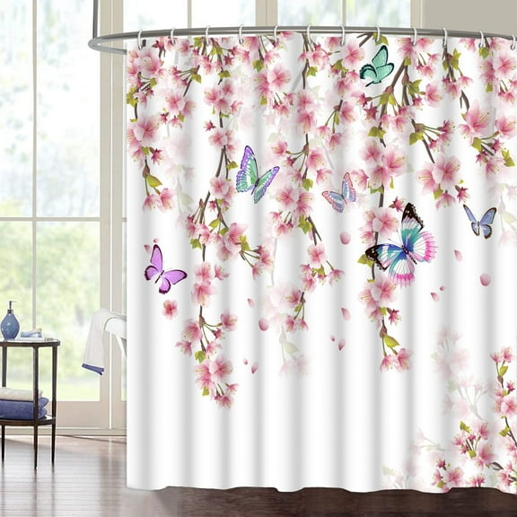SUNOLIFE Spring Cherry Blossom Shower Curtain,Pink Butterfly with Floral Bathroom Curtain 72x72 in