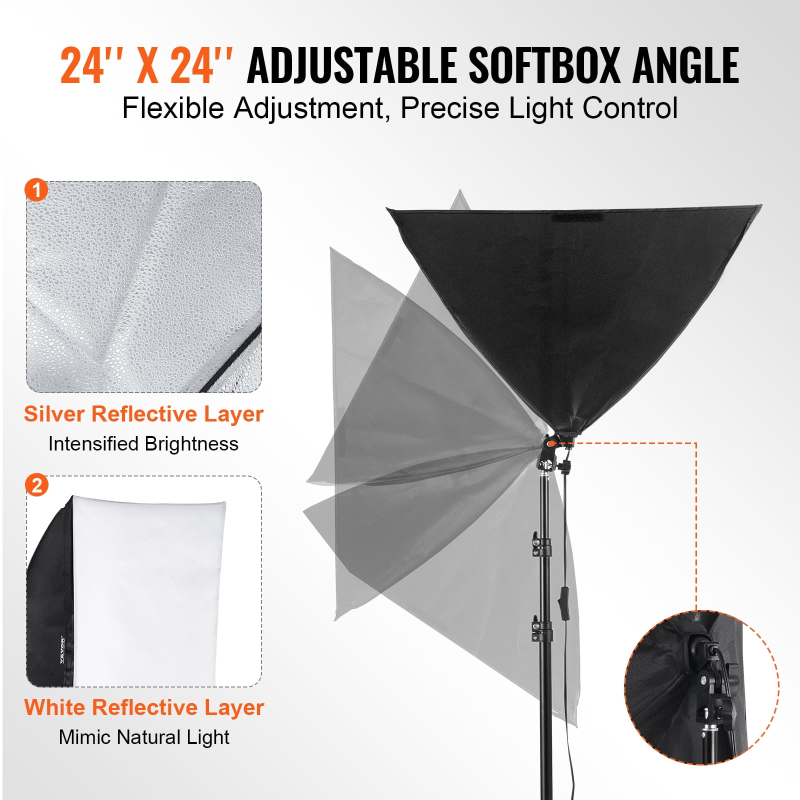 VEVOR Softbox Lighting Kit, 24" x 24", Professional Softbox with 30W 5500K LED Bulbs, Close to Natural Daylight,Adjustable Tripod Stand, Studio Lights for Photography,Vedio Recording, Live Streaming