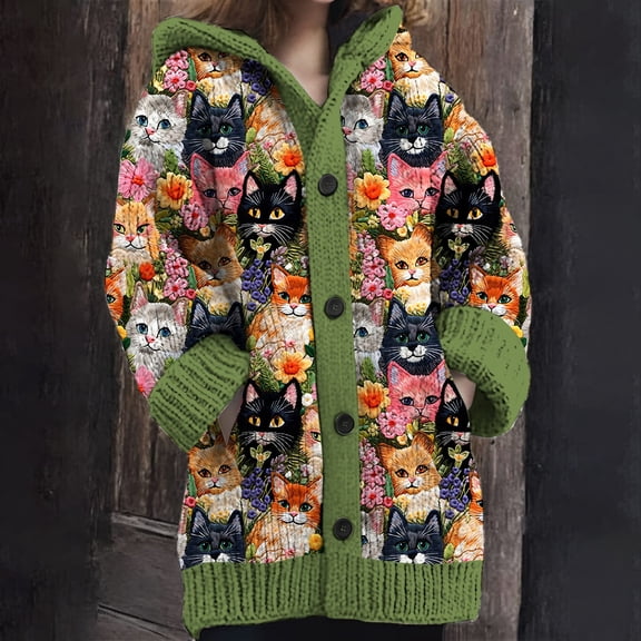 Trendfront Womens Cat Print Cardigan Sweater Long Sleeve Hooded Button Front Knit Jacket Colorful Animal Graphic Casual Warm Outerwear