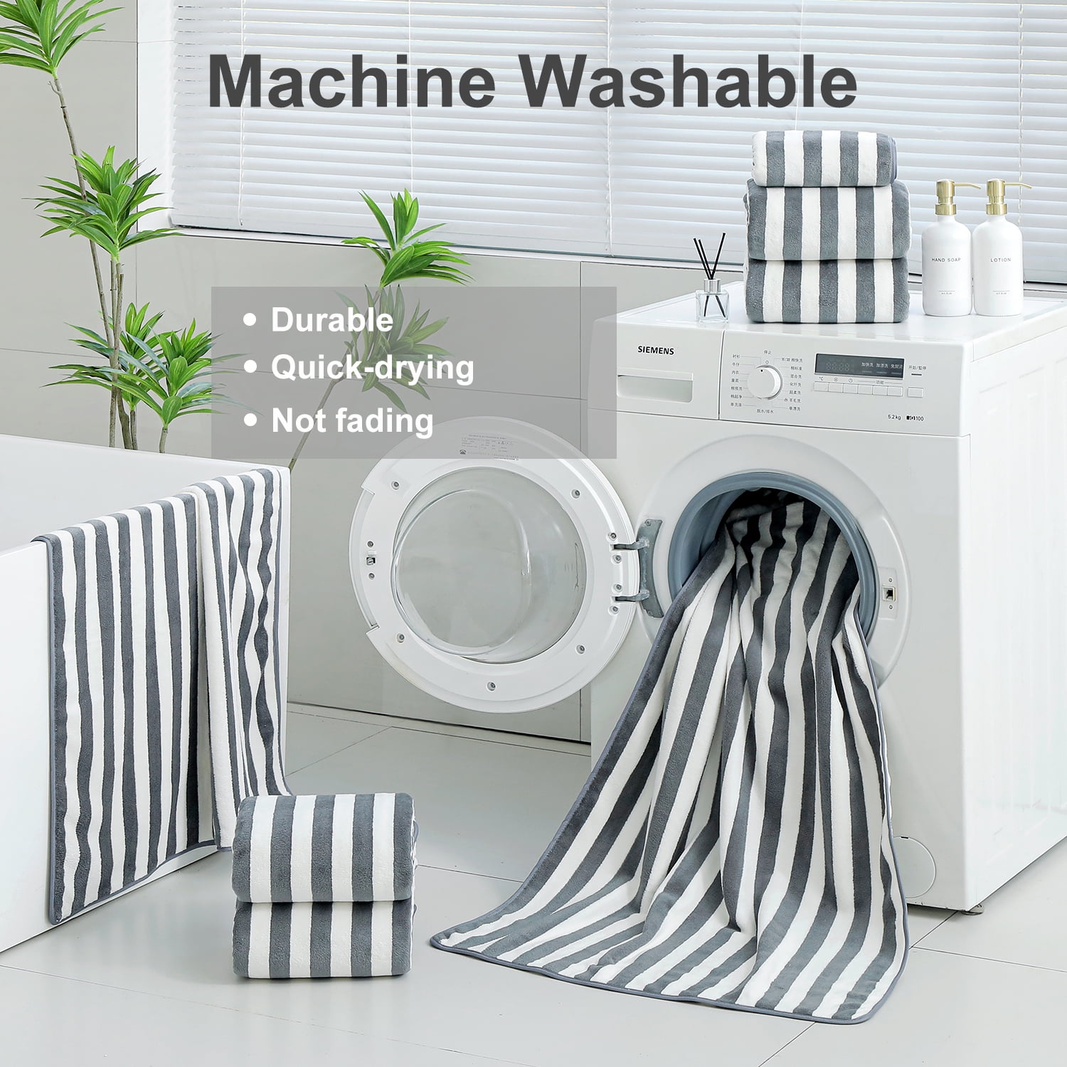 Smuge 12 Pcs Stripe Family Bath Towels Set - 4 Bath Sheet Towels, 4 Hand Towels, 4 Washcloths, Microfiber Soft Shower Towel for Bathroom Gym Spa(Dark Gray)