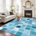 thumbnail image 3 of Blue Lattice Washable Living Room Rugs 5'x8', Summer Watercolor Square Ocean Low Pile Throw Large Area Rug Non-Slip Sturdy Edge Binding Carpet for Living Room Kitchen Office, 3 of 9