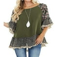 thumbnail image 2 of Women 3/4 Sleeve Solid Floral Hem Leopard Print Blouse Loose Top, 2 of 7