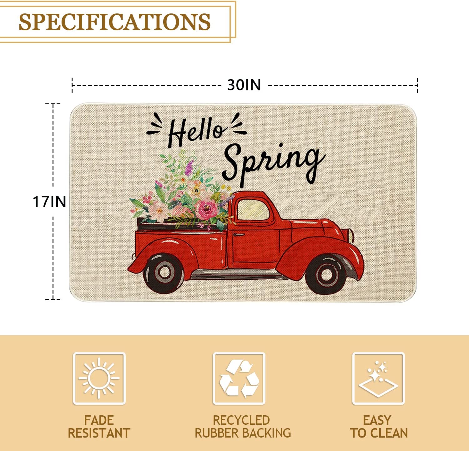 Spring Door Mat 30 X 17 Inch Hello Spring Red Truck with Flowers Doormat Indoor Outdoor Entrance Floor Mat Non Slip Spring Decor Rubber Mats