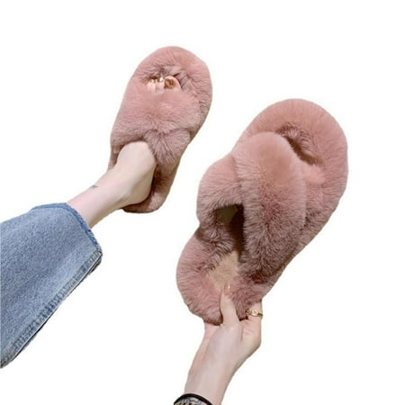 

DTOWER Autumn and Winter Women Solid Color Furry Slippers Non-slip and Wear-resistant Flat Cross House Cotton Slippers