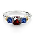 thumbnail image 2 of 925 Sterling Silver and 10K Yellow Gold Red Garnet and Blue Created Sapphire 3 Stone Engagement Ring for Women (1.64 Cttw, Cushion Checkerboard Cut 6MM and 4MM, Available in Size 5, 6, 7, 8, 9), 2 of 4