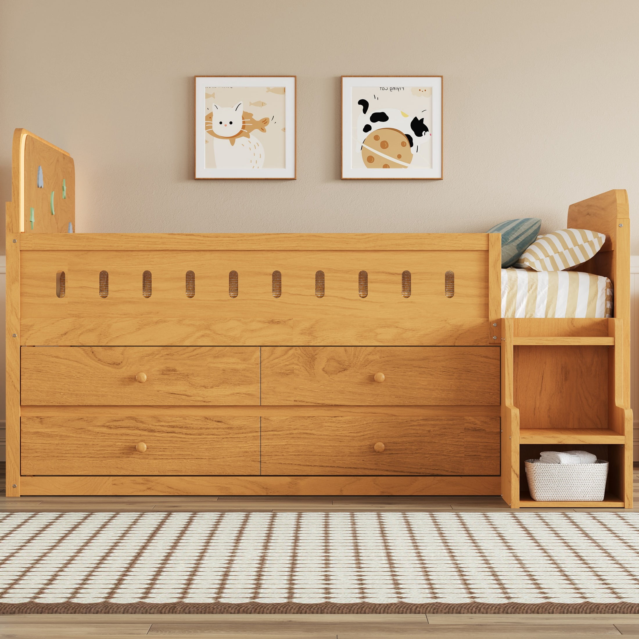 Alvantor Full Size Wooden Bed with LED Light,4 Storage Drawers and Ladder Storage, Wood Color